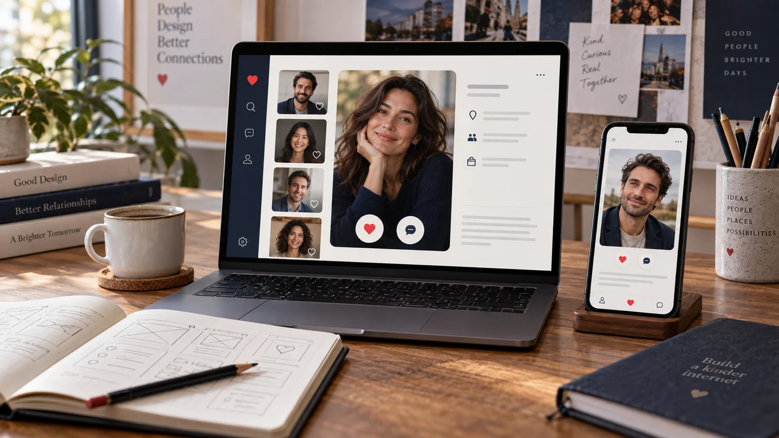 A laptop and phone showing dating profile layouts beside a notebook of website sketches