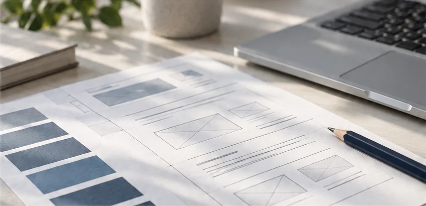 A desktop screen and notebook with website layouts
