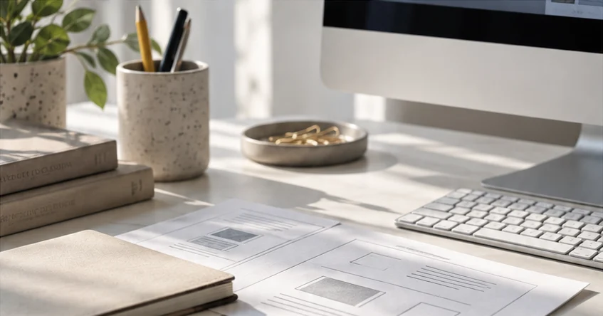 A bright desk with a website layout on a monitor and an open notebook